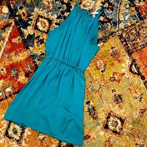 Teal satin halter dress, waist stretches